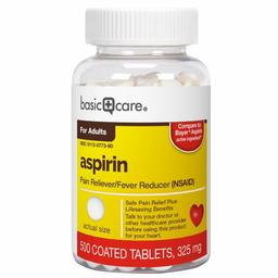 Basic Care Aspirin Pain Reliever and Fever Reducer (NSAID), 325 mg Coated Tablets, Temporarily Relieves Headache, Muscle Pain, Toothache, Menstrual Pain, Pain and Fever of Colds, Minor Pain, 500 Count