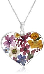 Amazon CollectionSterling Silver Multicolored Pressed-Flower Heart Pendant Necklace, 18