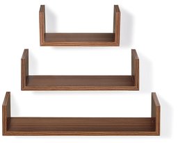 Amazon Brand - Solimo U-Shaped Floating Wall Shelf, Set of 3 (Matte Finish, Walnut)