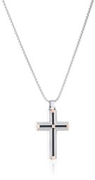 Men's Stainless Steel Cross with Carbon Fiber and Black IP on Box Chain Pendant Necklace, 24