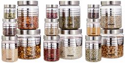 Amazon Brand - Solimo Plastic Container Set, 15-Pieces, Silver with Stainless Steel Lid & Wide Mouth