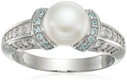 Amazon CollectionPlatinum Plated Sterling Silver Freshwater Pearl with Frosty Mint Swarovski Zirconia Accents Ring, Size 7