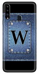 Amazon Brand - Solimo Designer Button Jeans Alphabet-W 3D Printed Hard Back Case Mobile Cover for Samsung Galaxy A20s