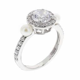 [Amazon Collection] Amazon Collection Rhodium Plated Sterling Silver Clear Cubic Zirconia & White Culture Freshwater Pearl Ring, Size 14