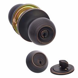 AmazonBasics Exterior Door Knob With Lock and Deadbolt, Standard Ball, Oil Rubbed Bronze