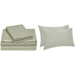 Pinzon Hemstitch 400TC Egyptian Cotton Sateen Sheet Set, Queen, with Set of 2 Standard Pillowcases, Sage