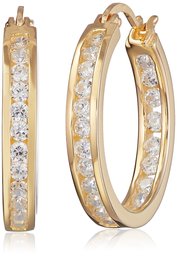 Goldtone Finish Silver Cubic Zirconia Medium Round Hoop Earrings (3/4 cttw)