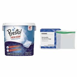 Amazon Brand - Presto! Premium Dishwasher Detergent Pacs, Fresh Scent, 67 Count & Solimo Sandwich Storage Bags, 300 Count