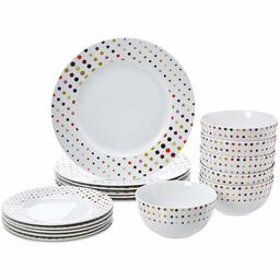 AmazonBasics 18-Piece Kitchen Dinnerware Set, Plates, Dishes, Bowls, Service for 6, Dots