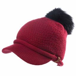 Jeff & Aimy Wool Knitted Visor Beanie with Brim Raccoon Fur Pom Cold Weather Winter Hat for Women Newsboy Cap Red