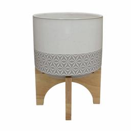 Amazon Brand – Rivet Mid-Century Stoneware Planter with Wood Stand, 10.43