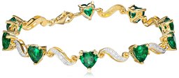 Yellow Gold Flashed Sterling Silver Created Emerald and Diamond Accent Heart Wave Bracelet, 7.25