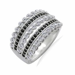 [Amazon Collection] Amazon Collection Rhodium Plated Sterling Silver Clear & Black Cubic Zirconia Multi Rolling Ring, Size 14