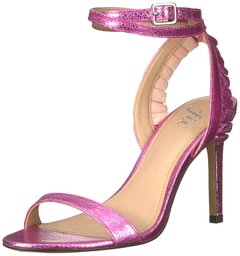 The Fix Caroline Ankle Strap Sandal with Ruffle Detail Heeled, Bubble Gum Pink Metallic Crackle Leather, M US