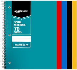 AmazonBasics College Ruled Wirebound Spiral Notebook, 70 Sheet, Assorted Solid Colors, 45-Pack