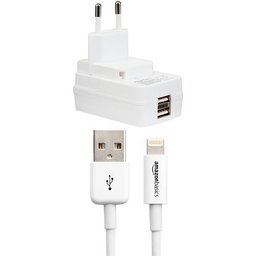 AmazonBasics Chargeur Double Port USB 2,1 avec Câble Lightning vers USB 1,8 m