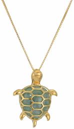 18k Yellow Gold Plated Sterling Silver Genuine Green Jade Turtle Pendant Necklace, 18