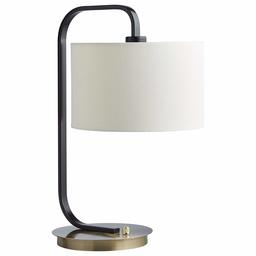 Amazon Brand – Stone & Beam Modern Arc Table Desk Lamp with Light Bulb and Linen Shade - 9 x 9 x 20.5 Inches, Black and Brushed Brass