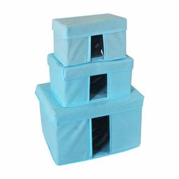 Amazon Brand - Solimo Fabric Rectangular Storage Box, Set of 3, Medical Blue