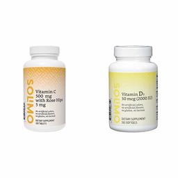Amazon Brand - Solimo Vitamin C 500 mg with Rose Hips 5 mg, 300 Tablets, Value Size - Ten Month Supply & Solimo Vitamin D3 50 mcg (2000 IU), 365 Softgels, Value Size - One Year Supply