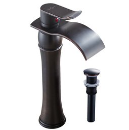 Umi. Waterfall Spout Single Handle One Hole Bathroom Vessel Sink Faucet Oil Rubbed Bronze Tall Body Deck Mount Matching Pop up Drain Without Overflow