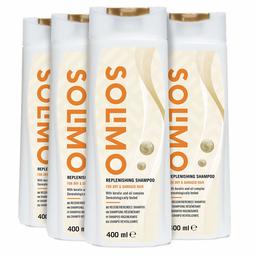 Marque Amazon - Solimo Shampooing régénérant pour cheveux abîmés et secs, avec de la kératine et un complexe d'huile- Lot de 4 (4 Flacons x 400ml)