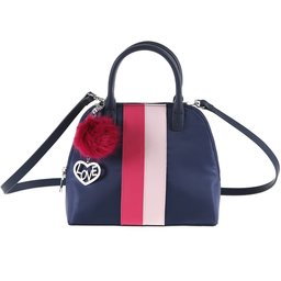 The Lovely Tote Co. Women's Contrast-Stripe Nylon Top Handle Bowler with Faux-Fur Pom Charm,