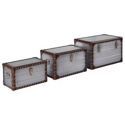 Stone & Beam Mid-Century Modern Storage Trunk with Leather Nailhead Trim - Set of 3, Silver