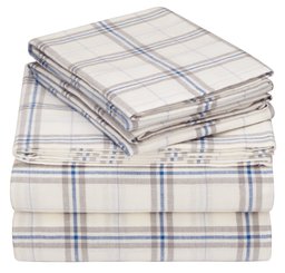 Pinzon 160 Gram Plaid Flannel Cotton Bed Sheet Set, King, Cream / Blue Stripe Plaid