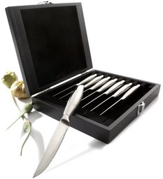 Pinzon – Cuchillo de carne 8 piezas con caja de almacenaje de madera [Amazon embalaje abrefácil], Manija de acero inoxidable