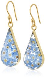 14k Gold Over Sterling Silver Blue Pressed Flower Teardrop Earrings