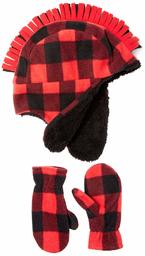 Spotted Zebra Boys' Kids Fleece Hat Mittens Cold Weather Accessories, Red Buffalo Check Set, Small