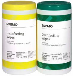 Amazon Brand - Solimo Disinfecting Wipes, Lemon Scent & Fresh Scent, Sanitizes/Cleans/Disinfects/Deodorizes, 75 Wipes Each (Pack of 2)