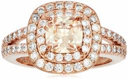 Rose Gold Plated Sterling Silver Cushion Cut Champaign Cubic Zirconia 6mm Double Halo Ring, Size 9