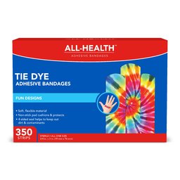 All Health Tie Dye Adhesive Bandages.75 in x 3 in, 350 ct | Fun Colorful Designs for Minor Cuts & Scrapes, First Aid, and Wound Care