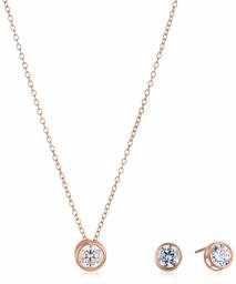 Women's 10k Rose Gold Swarovski Zirconia Bezel Stud Earrings and Necklace Set, One Size