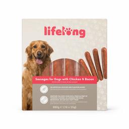 Marque Amazon - Lifelong - Friandises pour chiens :  Saucisses Hot Dog, poulet et bacon, Viande de qualité (880 gr, 16 pièces)