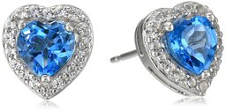 Sterling Silver Genuine Swiss Blue Topaz and Created White Sapphire Halo Heart Stud Earrings