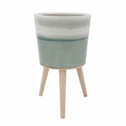 Amazon Brand – Rivet Mid-Century Stoneware Planter with Wood Stand, 15.94