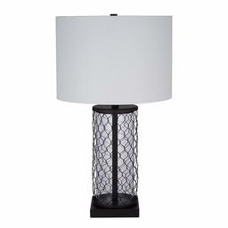 Amazon Brand – Stone & Beam Wire Cylinder Cage Table Lamp with LED Light Bulb With White Shade- 13 x 22.75 x 13 Inches, Black