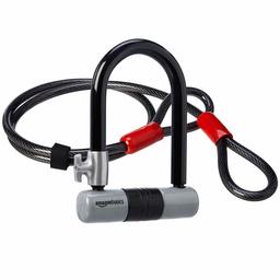 AmazonBasics High Security Mini D-Lock Bike Lock, with 4' Flex Cable, 18 mm Shackle