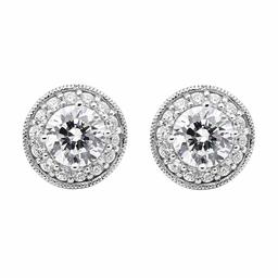 Sterling Silver Rhodium Plated Cubic Zirconia Clear Color Round Halo Stud Earrings