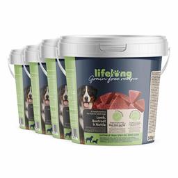 Marque Amazon - Lifelong - Friandises pour chiens, sans blé, avec mono-protéine, avec agneau, betterave et ortie (4 seaux x 500gr)