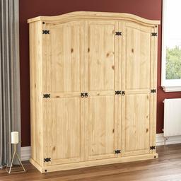 Vida Designs Corona Wardrobe, 3 Door, Solid Pine Wood, Solid Pine Wood, Distressed Waxed Pine Bedroom Wooden Storage Mexican Furniture