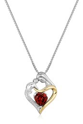 Sterling Silver and 14k Yellow Gold Heart Mother's Jewel Garnet and Diamond Accent Pendant Necklace, 18