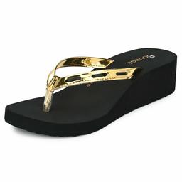 Bourge Women's Gallery-5 Black and Golden Flip Flops-4 UK (36 EU) (5 US) (Gallery-5-04)