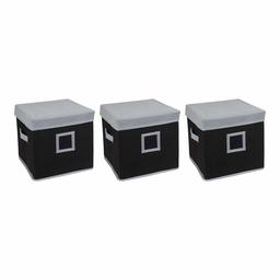 Amazon Brand - Solimo Fabric Storage Box with Lid, Medium, Set of 3, Black and Grey