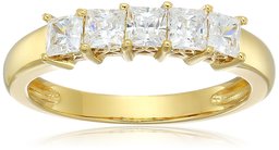 Amazon CollectionPlatinum Plated Sterling Silver Swarovski Zirconia Princess cut 5-Stone Ring,Yellow gold, Size 6