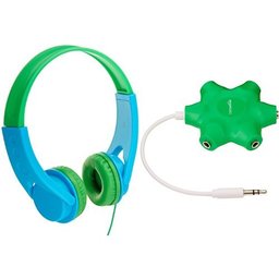 AmazonBasics Volume Limited On-Ear Headphones for Kids - Blue/Green with 5-Way Headphone Splitter