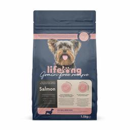 Marchio Amazon - Lifelong - Alimento secco completo per cani con salmone fresco. Ricetta senza grano - 1,5 kg